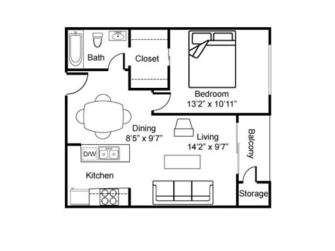Floor plan for 1 bed, 1 bath, 620 sqft